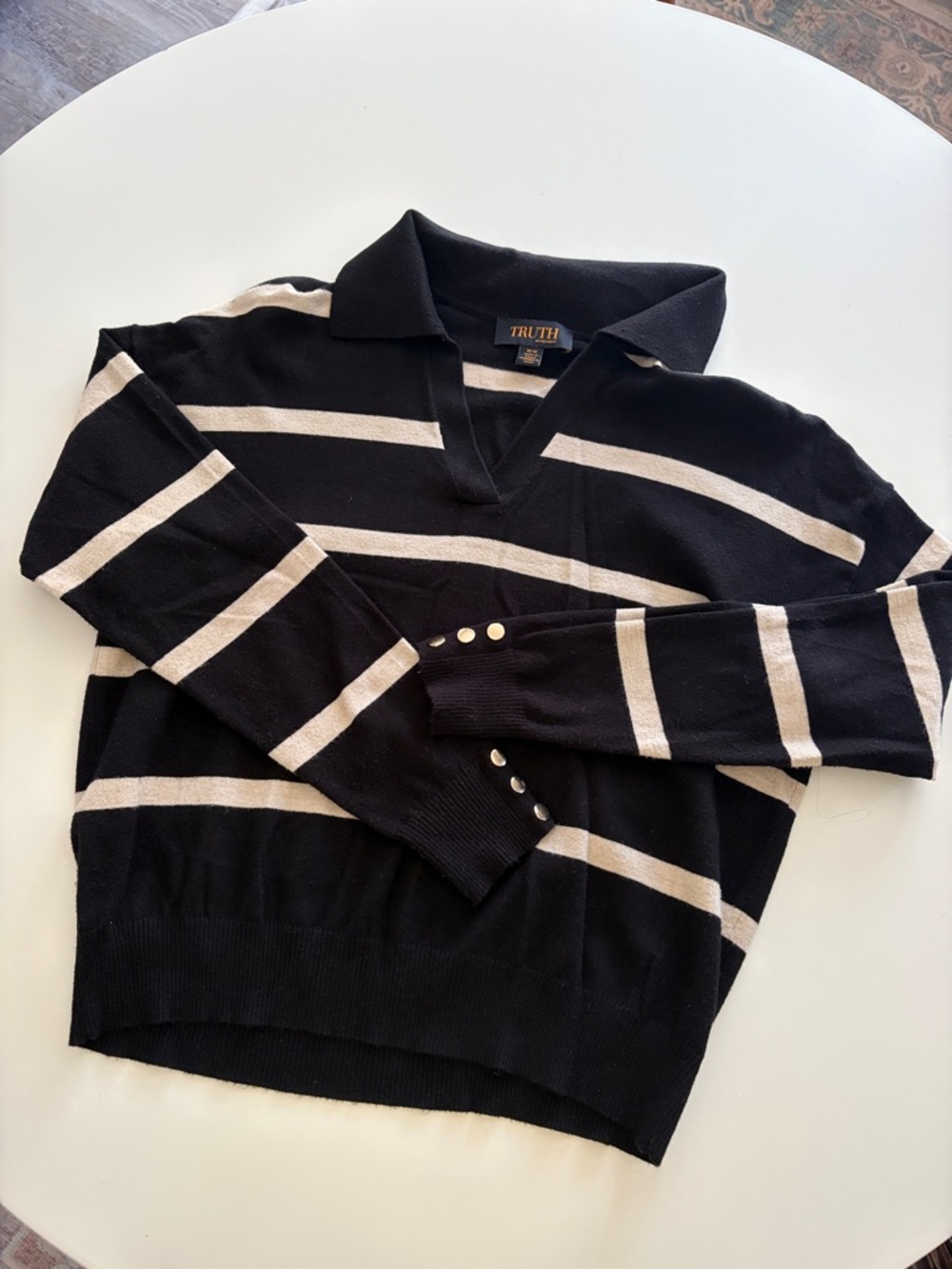TRUTH Black and Cream Striped V-Neck Polo Sweater with Gold Buttons